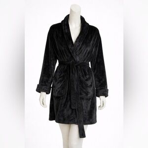 Black Velour Robe Wrap Plush Lounge Bathrobe One Size Cozy Soft
